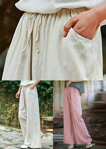 Pink Pockets Linen Wide Leg Pants Elastic Waist Ada Fashion