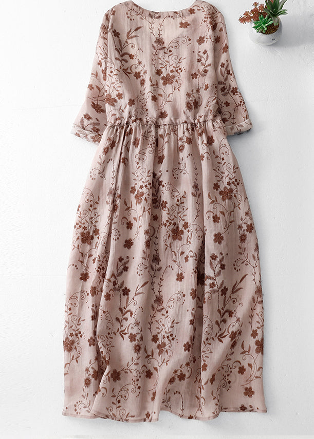 Pink Print Boho Cotton Long Dress V Neck Drawstring Summer AM1068