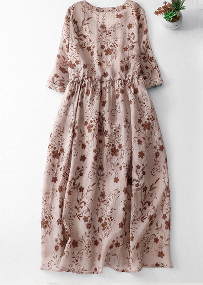 Robe longue en coton imprimé bohème rose avec col en V et cordon de serrage pour l'été AM1068