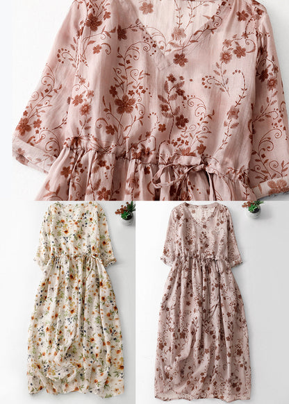 Robe longue en coton imprimé bohème rose avec col en V et cordon de serrage pour l'été AM1068