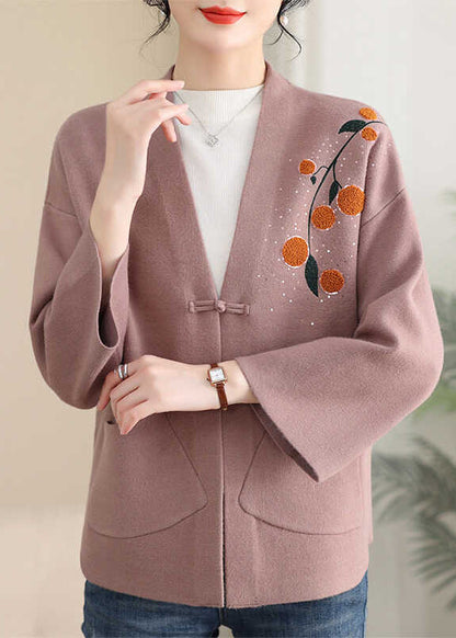 Rosa Print Button Solid Cotton Strickmantel Frühling TA023