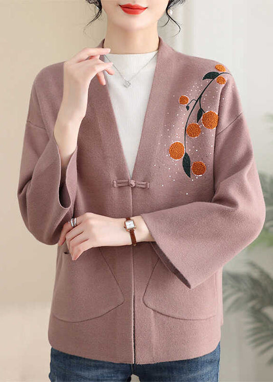 Rosa Print Button Solid Cotton Strickmantel Frühling TA023