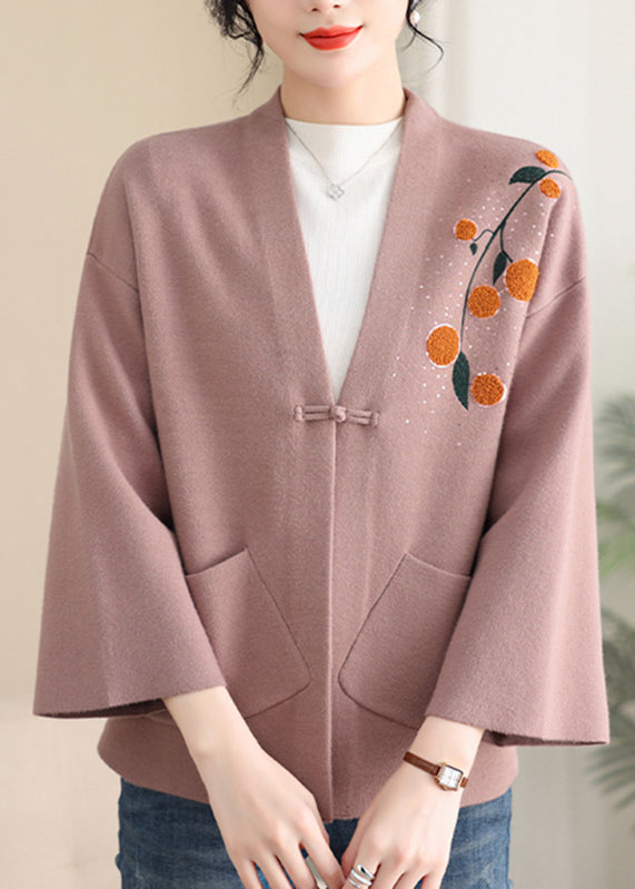 Rosa Print Button Solid Cotton Strickmantel Frühling TA023