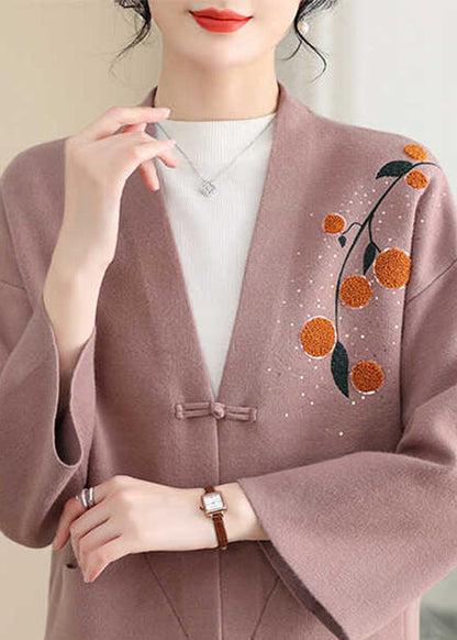 Rosa Print Button Solid Cotton Strickmantel Frühling TA023