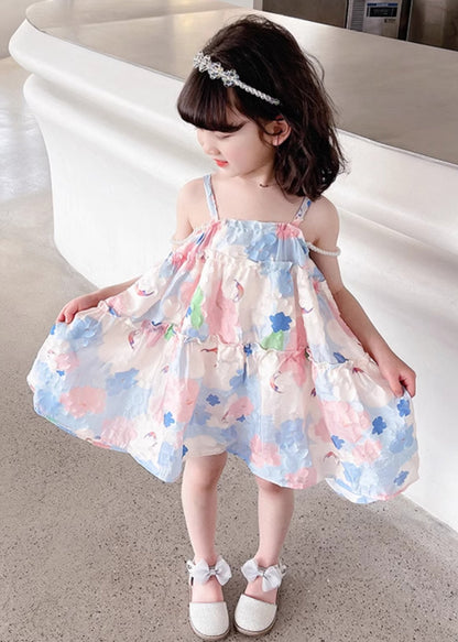 Robe d'été à volants en coton imprimé rose pour fille avec bretelles spaghetti EW065