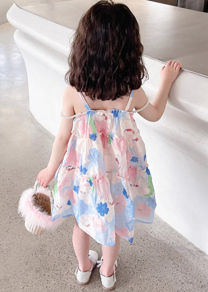 Robe d'été à volants en coton imprimé rose pour fille avec bretelles spaghetti EW065