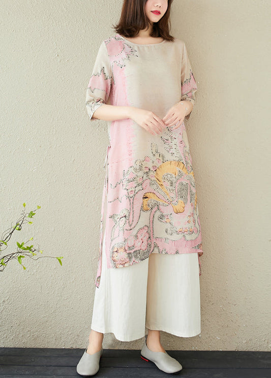 Kleid Leinen Rosa Seitlicher Druck Offen Lang Sommer