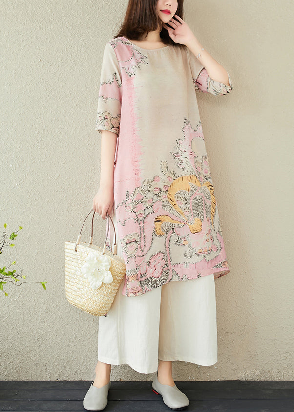 Kleid Leinen Rosa Seitlicher Druck Offen Lang Sommer