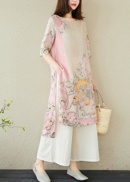 Kleid Leinen Rosa Seitlicher Druck Offen Lang Sommer