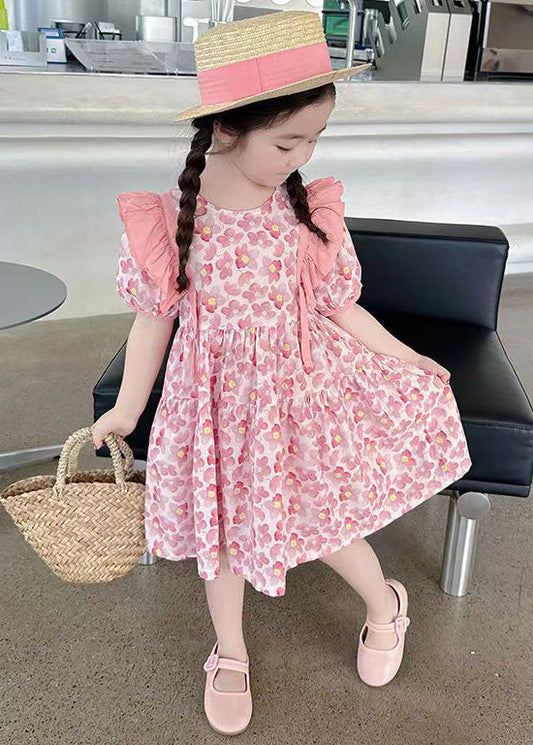 Pink Print Patchwork Cotton Girls Dress O Neck Short Sleeve TT016