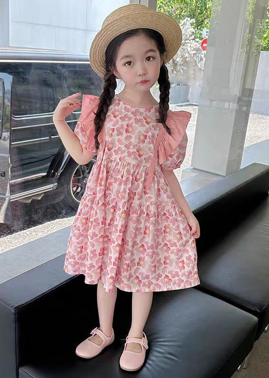 Pink Print Patchwork Cotton Girls Dress O Neck Short Sleeve TT016