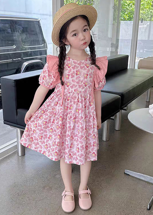 Pink Print Patchwork Cotton Girls Dress O Neck Short Sleeve TT016