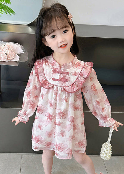 Robes en coton patchwork à imprimé rose pour filles, col montant, automne XZ088