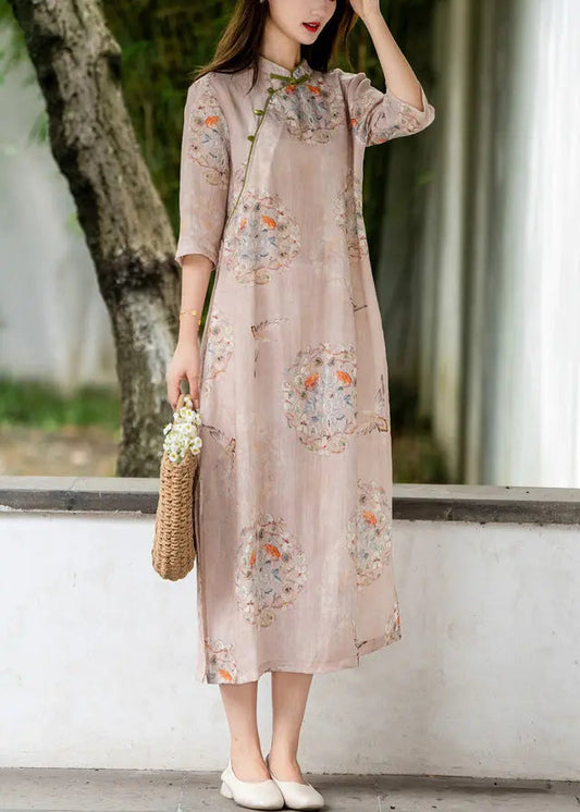 Pink Side Open Print Linen Long Dresses Stand Collar Summer Ada Fashion