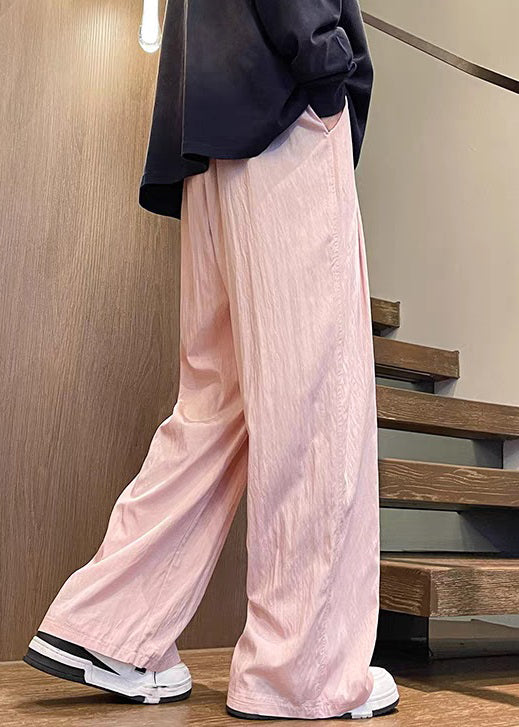 Pantalon large taille soie rose uni jambe élastique été glace homme