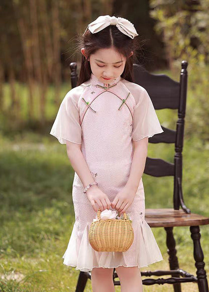 Kragen Maxi Rosa Stand Kleid Taste Ärmel Mädchen Kurz