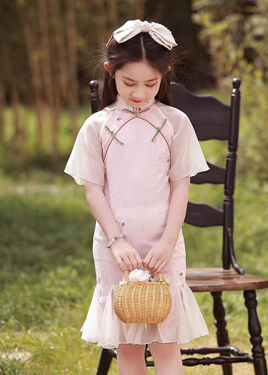 Kragen Maxi Rosa Stand Kleid Taste Ärmel Mädchen Kurz