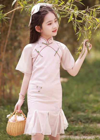 Kragen Maxi Rosa Stand Kleid Taste Ärmel Mädchen Kurz