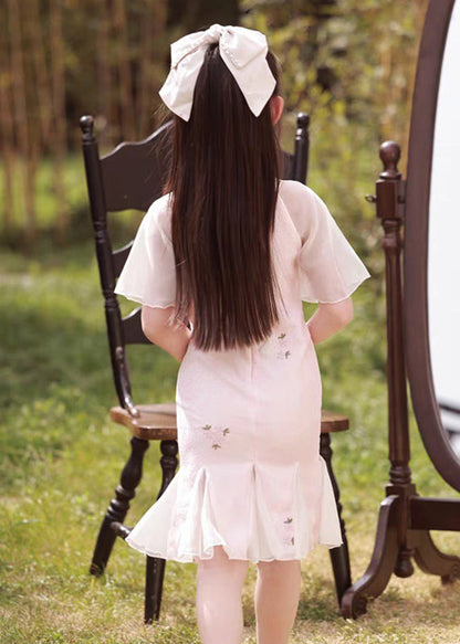 Kragen Maxi Rosa Stand Kleid Taste Ärmel Mädchen Kurz