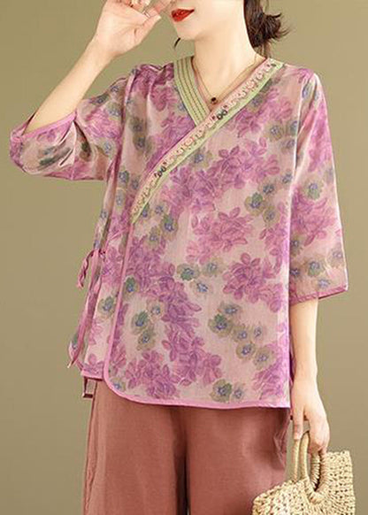 Chemise patchwork rose à nouer à la taille pour l'été UU031