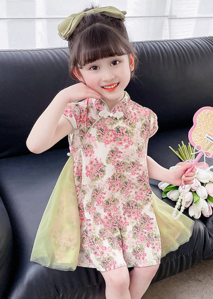 Robe mi-longue en tulle rose à manches courtes et boutons pour enfants GF003