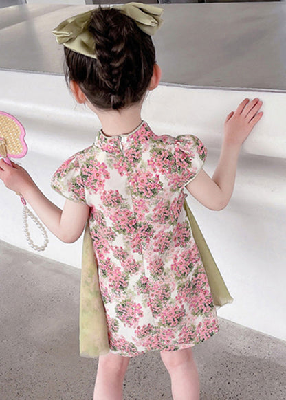 Robe mi-longue en tulle rose à manches courtes et boutons pour enfants GF003