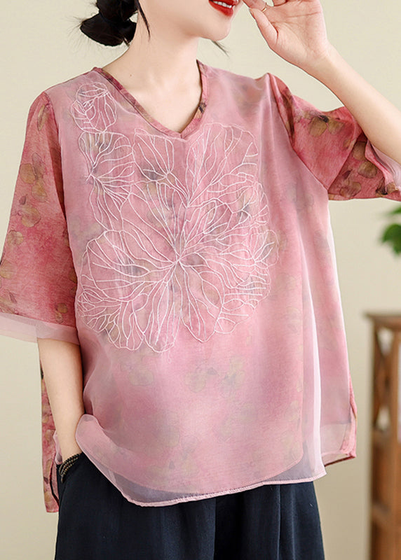 Pink V Neck Tulle Patchwork Shirts Short Sleeve AP014