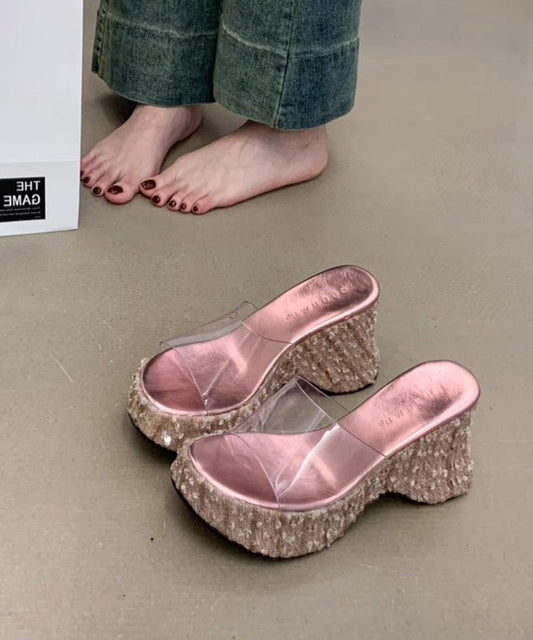 Sandales élégantes à paillettes et semelles compensées roses fines
