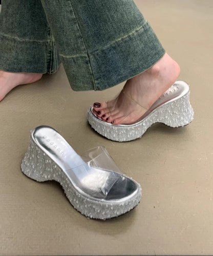 Sequins Splicing Stylish Sandals Fine Pink Slide Wedge
