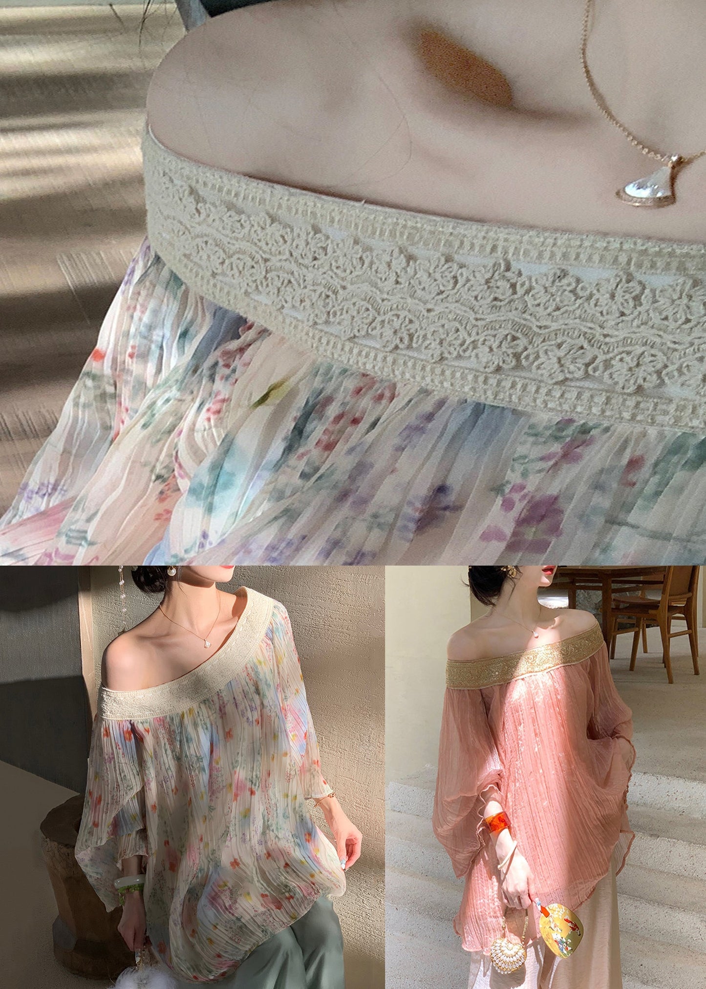 Chiffon Slash Pink Shirts Fall Wrinkled Patchwork Neck