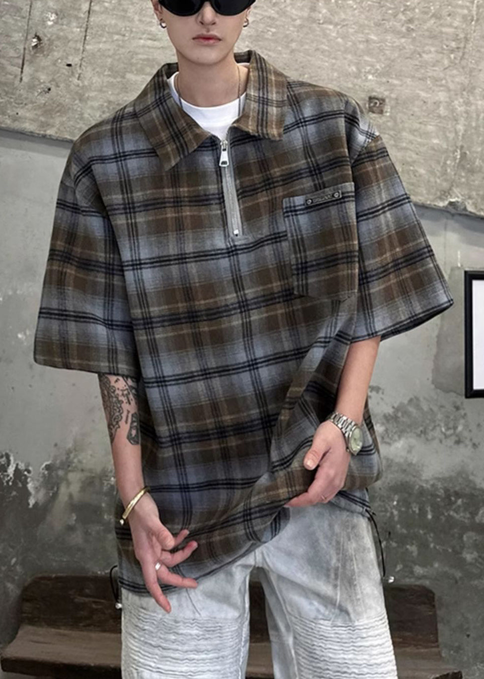 Hemd Mit Reißverschluss Männer Ärmel Baumwolle Grün Plaid