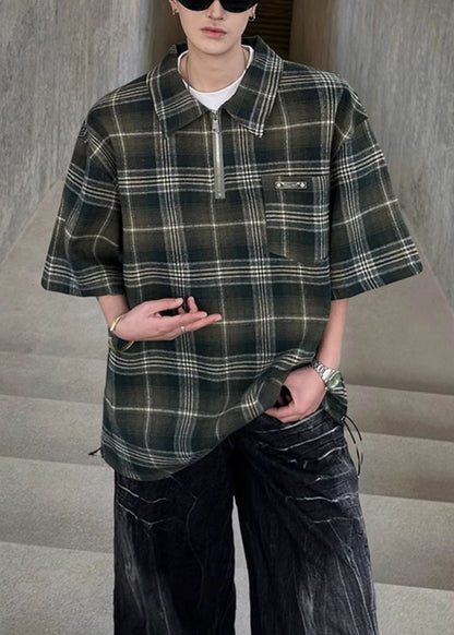 Hemd Mit Reißverschluss Männer Ärmel Baumwolle Grün Plaid