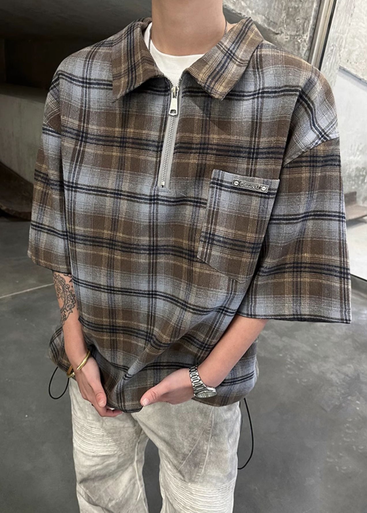 Hemd Mit Reißverschluss Männer Ärmel Baumwolle Grün Plaid