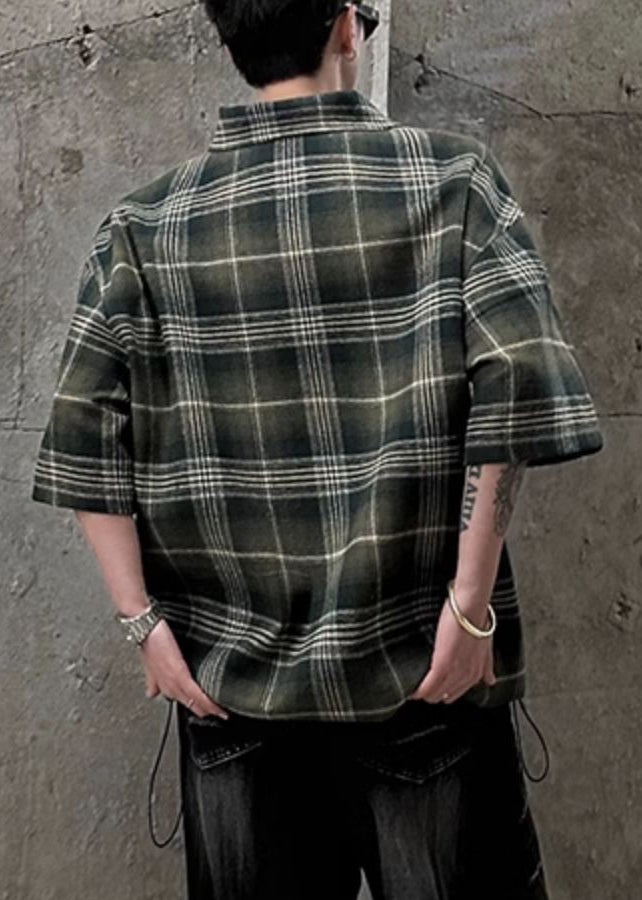 Hemd Mit Reißverschluss Männer Ärmel Baumwolle Grün Plaid