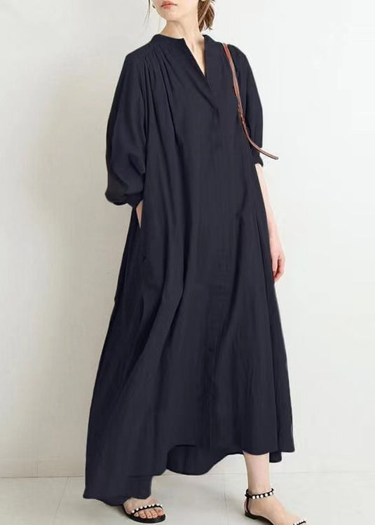 Plus Size Apricot O-Ausschnitt Knopf Baumwollhemden Kleid Frühling TH034
