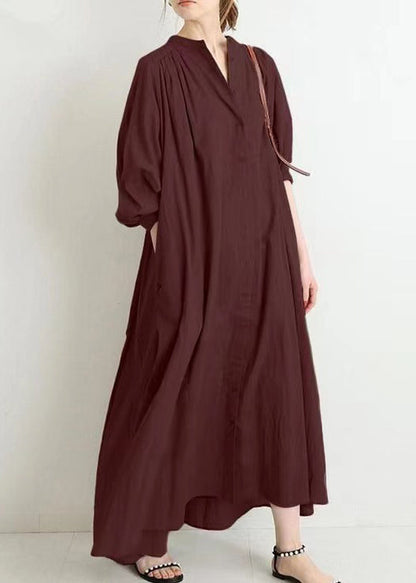 Plus Size Apricot O-Ausschnitt Knopf Baumwollhemden Kleid Frühling TH034