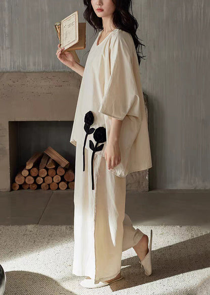 Cotton Neck Floral V Size Patchwork Apricot Two Pieces Set Plus