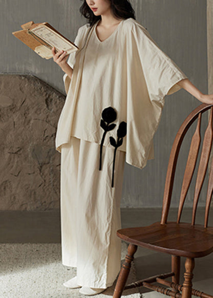 Cotton Neck Floral V Size Patchwork Apricot Two Pieces Set Plus