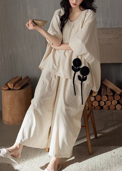 Cotton Neck Floral V Size Patchwork Apricot Two Pieces Set Plus