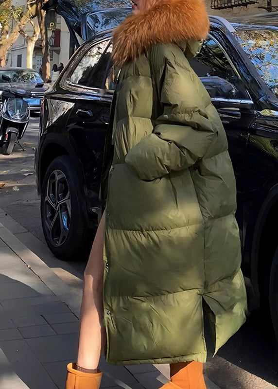 Parka longue en poils de raton laveur vert armée grande taille avec col boutonné pour l'hiver WZ037