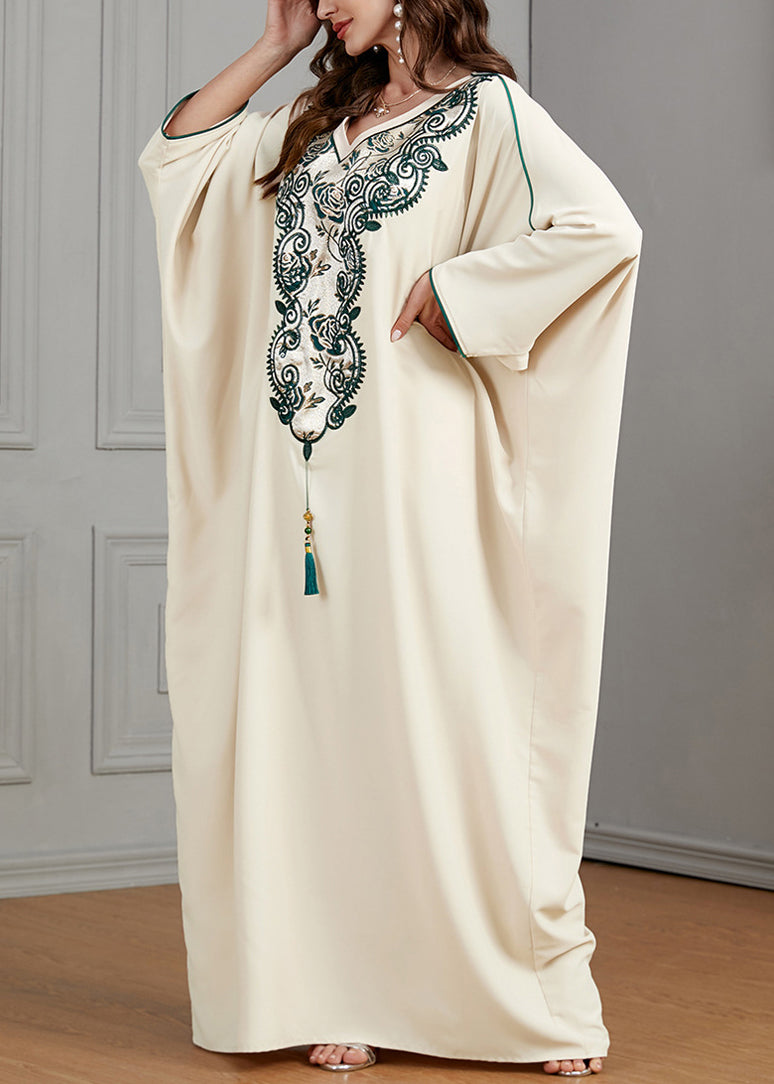 Plus Size Beige Embroidered Tasseled Cotton Dresses Batwing Sleeve AA1018