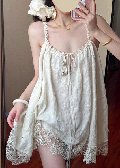 Größe Sommer Übergroßes Mini Plus Spitze Patchwork Beige Kleid