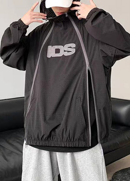 Reißverschluss Männer Mantel mit Kapuze Dünn Sommer Mesh Plus Schwarz Größe