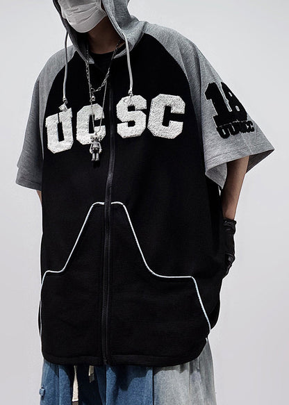 Größe Patchwork Baumwolle Schwarz Plus Kapuze Reißverschluss Männer Shirts T