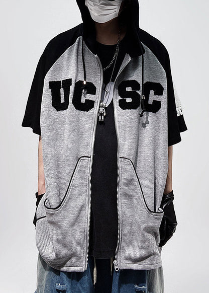 Größe Patchwork Baumwolle Schwarz Plus Kapuze Reißverschluss Männer Shirts T