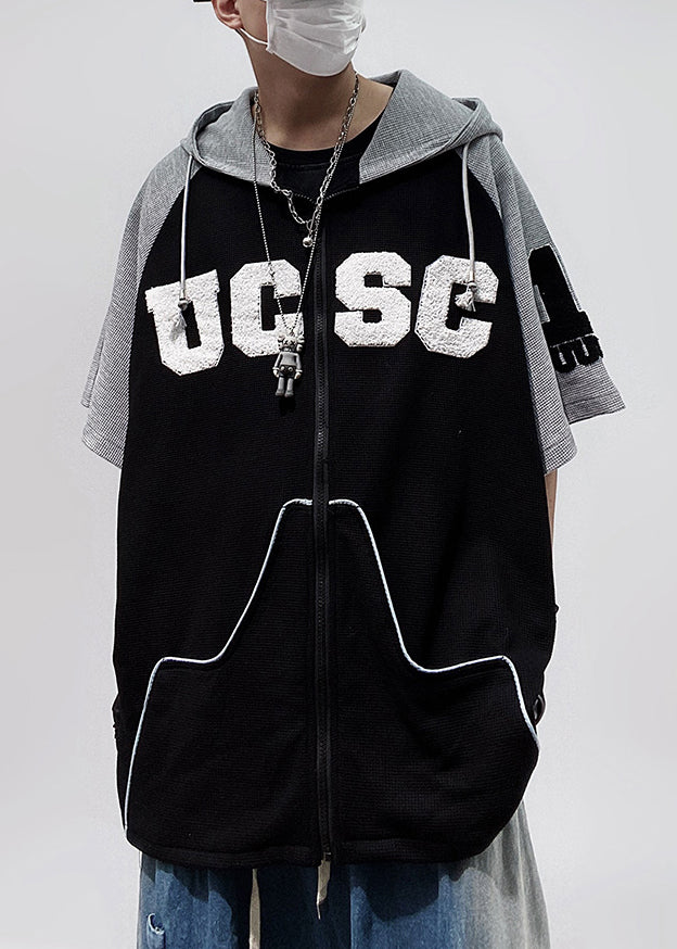 Größe Patchwork Baumwolle Schwarz Plus Kapuze Reißverschluss Männer Shirts T