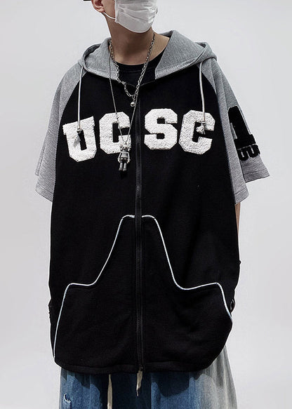 Größe Patchwork Baumwolle Schwarz Plus Kapuze Reißverschluss Männer Shirts T