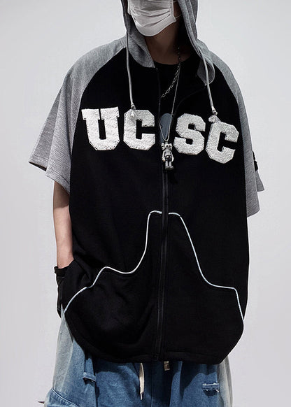 Größe Patchwork Baumwolle Schwarz Plus Kapuze Reißverschluss Männer Shirts T