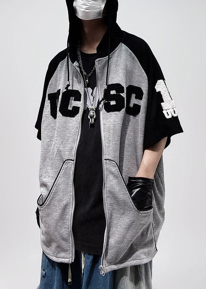 Größe Patchwork Baumwolle Schwarz Plus Kapuze Reißverschluss Männer Shirts T