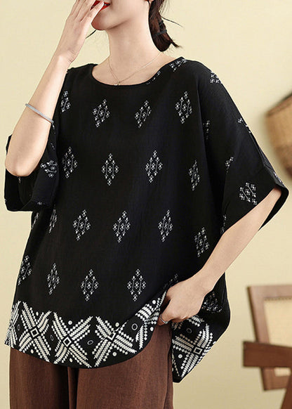 Plus Size O-Neck Loose Black Summer Top